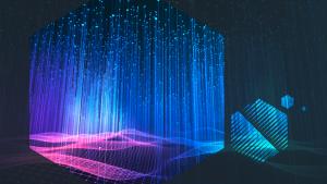 コンピューター生成の光信号から成る光の嵐を示す画像。