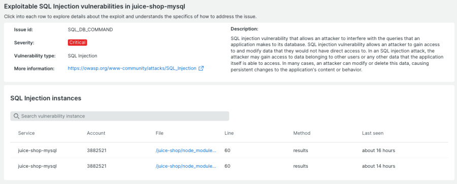 SQL injection issue displaying information on selected vulnerability