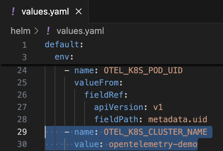 values.yamlファイルでクラスタ名が定義されている場所を強調表示したスクリーンショット。