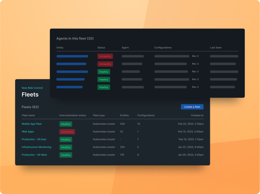 Dashboards de control de flota que muestran el estado de salud de las flotas, los tipos de flota, el recuento de entidades, las configuraciones y la fecha de creación.